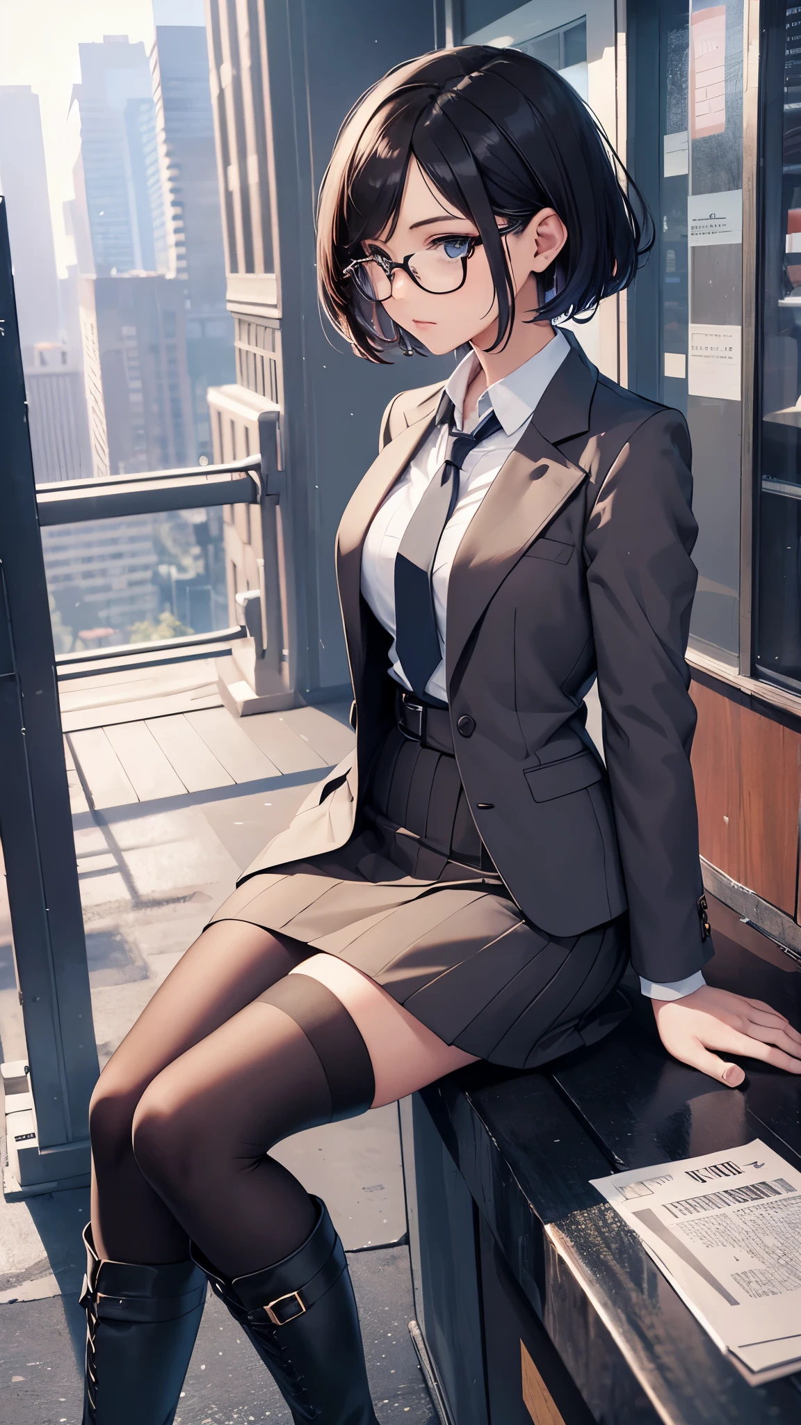 femboy, bulge, crossdressing, short hair, brunette, skirt suit, (((three-piece suit))), necktie, blazer, suit jacket, waistcoat, bodycon skirt, white gloves, sitting on lap, submissive, anal