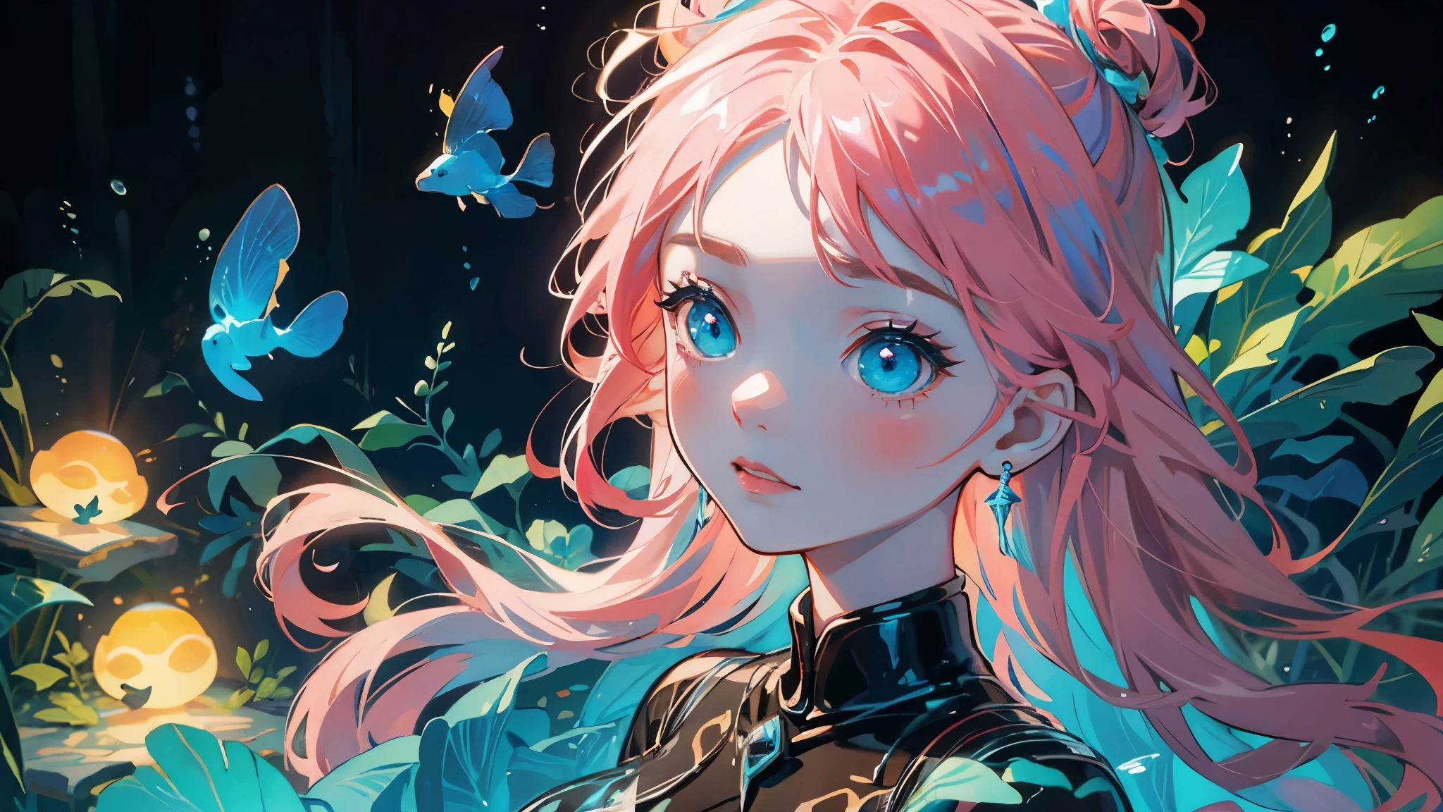 Photorealistic、Chibi Girl Doll(Enjoying the underwater world、tropical fish、Bioluminescence)