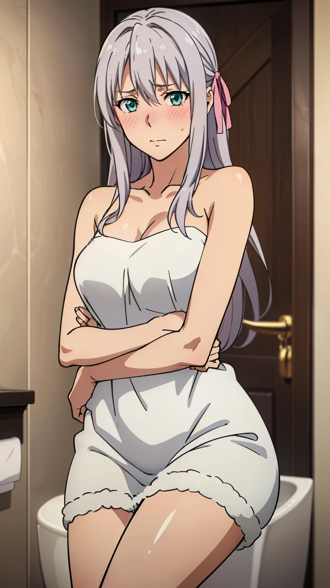 sitting at toilet, grabbing her breasts pose, using white towel, infront of luxury toilet background, rossweisse, (1 girl), anime cels style, best quality, high resolution, 1girl, (medium breasts:1.2), beautiful face, grey hair, aqua eyes, long hair, rossweisse hair, hair ribbon, cowboy shot, blush, embarassed, looking at viewer