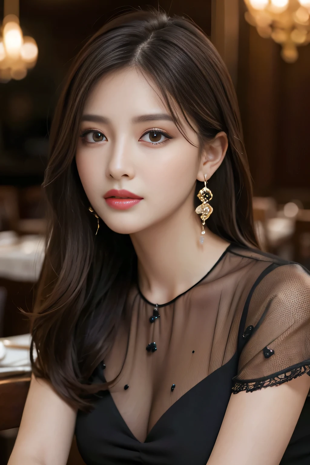 masterpiece, highest quality, Realistic, Very detailed, Finer details, High resolution, 8k wallpaper, One beautiful woman, Wear an elegant black see-through blouse, In a great restaurant, At night, Light brown messy hair, Perfect dynamic composition, Beautiful and beautiful eyes、Big earrings