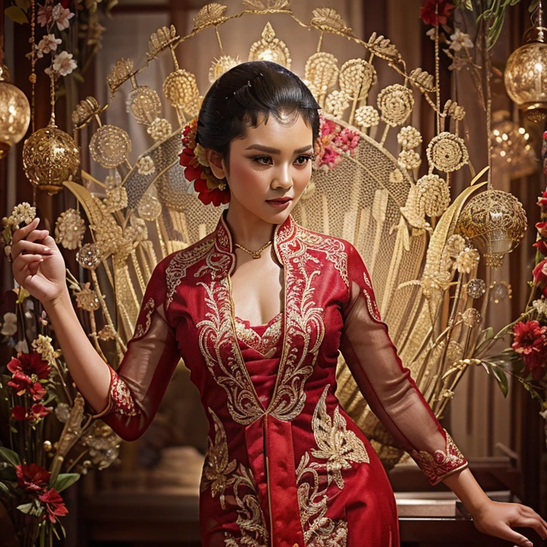 A truly charming appearance featuring an Indonesian woman dressed in a red kebaya typical of Indonesian traditional clothing who looks dashing and energetic.