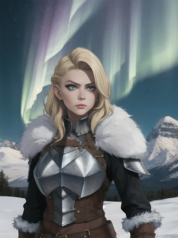 [ Eivor], Woman, [,blonde hair,] serious, blue tattoos, Hair, leather armor, fur trim, without sleeves, muscular, life, Upper body, standing, I look at the viewer, [Northern lights, Mountains, cold, camp,],4K,Sharp image,detailed