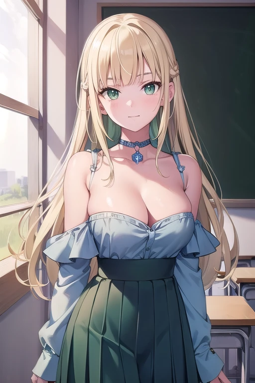 Blonde Hair, choker, (Green Eyes:1.5), Long Hair, break bare shoulders, Blue clothes, blush, blush stickers, Cleavage, clavicle, have, Off the shoulder, Pentacles, wizard have, (Blue clothes:1.5), break looking at viewer, break (masterpiece:1.2), highest quality, High resolution, Unity 8k, (shape:0.8), (Beautiful details:1.6), Highly detailed face, Perfect lighting, Extremely detailed CG, (Perfect hands, Perfect Anatomy), long sleeves, pleated skirt, , shirt, skirt, sleeves rolled up, white shirt, cleavage, BREAK indoors, classroom, make smile ,