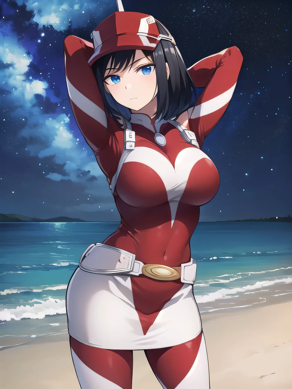 kodaiyui, visor cap, red and white bodysuit, long sleeves, belt, white skirt, looking at viewer, emotionless, showing armpit, looking at viewer, solo, contrapposto, spread armpit, arms behind head, smile, looking at viewer, (cowboy shot:1.5), closed mouth, night sky, beach, best quality, expressionless, anime, anime coloring,