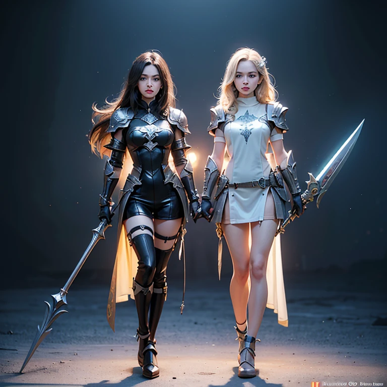 Design a layout showcase Gaming character, (1girl). Golden+Purle clothes, stylish and unique, ((showcase weapon:1.4)), magic staff, (masterpiece:1.2), (best quality), 4k, ultra-detailed, (Step by step design, layout art:1.5), (luminous lighting, atmospheric lighting), magican, ((glove full hands)), (((revealing clothes:1.3))), vambraces, armored legwear, (((full_body_shot:1.4)))