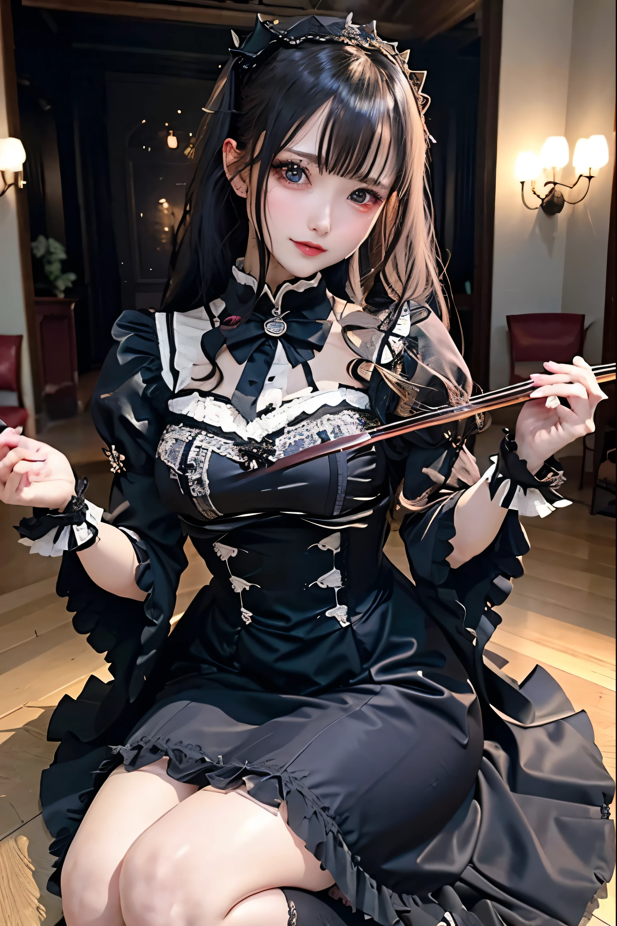 Hard Dark Gothic Makeup、Deep Night Sky、Horror、Black dark eyeshadow、sad、Good skin radiance、Dark Gothicメイク、Dark smile、palace、24-years-old、Embarrassed look、Dark Gothic、Obscene language、highest quality、Drunk face、紫のMaid clothes、Mysterious、Noble、sexy、Loving smile、Right blue eye, Left eye is red、Platform Heel Shoes、Heavy makeup、Gothic Lolita Clothing、A little slimmer、Silver Hair、Long Hair Straight Hair、Cute Gothic Lolita Dress、Beautiful Face、elegant features、Fascinating face、Stained glass is the background、Chest glistening with sweat、The room is dark、gothic long dress、Bell Sleeves、Wizard Sleeve、Decadent look、Sexually excited expression、Glossy thighs wet with water、Thighs that are wet and shiny with oil、Background of a room full of roses、The embroidery is pink、The dress has pink embroidery、Thigh-high socks、Knee-high socks、Gentle expression、Dark black eyeshadow、Stained glass and rose background、Female Duo、Female couple、dark church background、Stained glass、Black metal world、Dark Castle、Slender body、gothic long dress、Maid clothes、Victorian dresses、Her thighs glisten with sweat、My body is wet and shiny、Lots of glitter on the thighs、My thighs are sticky from sweating、Sweat glistens on the thighs, The whole body is sweaty and shiny、Quite sweaty、My thighs are sweaty、My thighs are so wet、My thighs are shining with sweat、A lot of sweat glistens all over the body、Small breasts、Orchestra StageStage、Dynamic Angle、sitting on a gothic chair、Play the violin gracefully、With a violin、Press the violin strings、rubbing the violin strings、violinist、orchestra performance、Thin thighs、