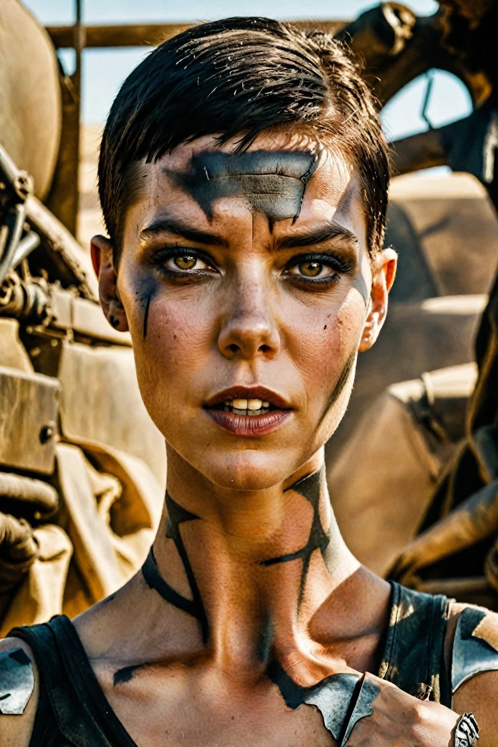 Anya Taylor-Joy as Furiosa from George Miller's Mad Max: Fury Road, amidst a cubist-inspired press, posing seductively with ultra-realistic detail. Her flawless skin glows in RAW sRGB color accuracy, UHD 1 resolution, showcasing a proportionate face (1.37) with sharp focus highlighting her nose, lips, eyes, and features. Her piercing gaze seems to pierce through the canvas as she smiles slyly, large Latin-style lips curving upward. Every detail of her striking features is sharply focused, from her fingers to her toes, toeing the line between raw power and alluring vulnerability.