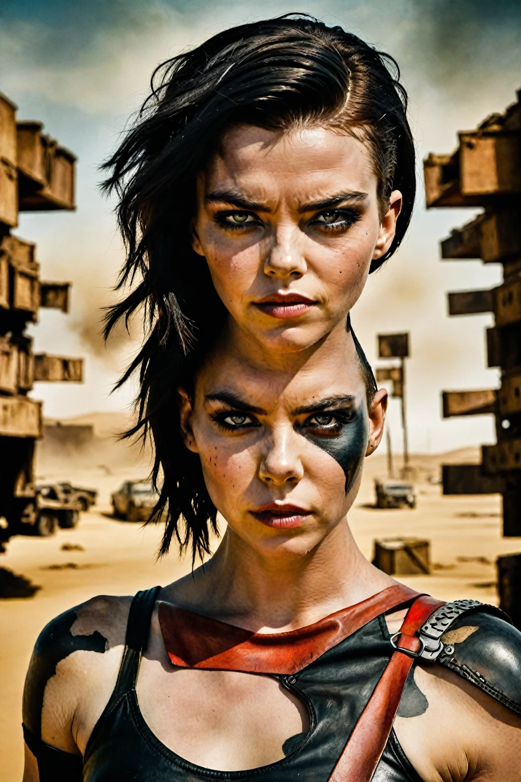 Anya Taylor-Joy as Furiosa from George Miller's Mad Max: Fury Road, amidst a cubist-inspired press, posing seductively with ultra-realistic detail. Her flawless skin glows in RAW sRGB color accuracy, UHD 1 resolution, showcasing a proportionate face (1.37) with sharp focus highlighting her nose, lips, eyes, and features. Her piercing gaze seems to pierce through the canvas as she smiles slyly, large Latin-style lips curving upward. Every detail of her striking features is sharply focused, from her fingers to her toes, toeing the line between raw power and alluring vulnerability.
