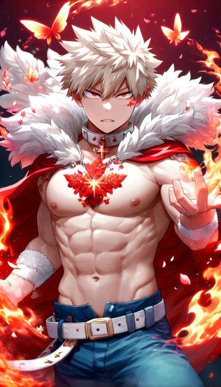Ultra detailed, HDR, Highres, absurdres, master piece, Bakugo Katsuki, ash blond hair, expressive red eyes, Boku No Hero Academia, red glittering butterflies, petals, fantasy, red flowers, sexy man, solo, handsome, glittering, toned chest, red cape with a collar fur, red background, neckle, cross, magical, fire, very detailed eyes and face, white belt, blue pants