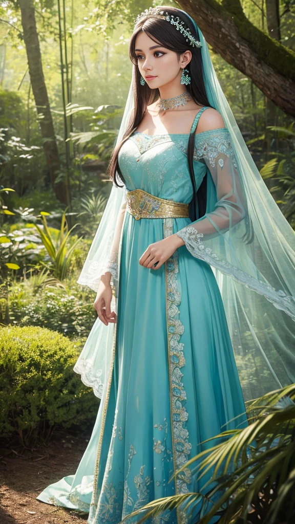 "A full-body portrait of a young woman with long turquoise hair and bright blue eyes. Six-fifths tall, she wears an intricate, elegant green dress adorned with floral patterns and lace. She wears a floral headpiece with white flowers, matching earrings and a choker necklace. A mystical, lush forest is set in the background, with soft light filtering through the trees creating a dreamy, dreamy atmosphere. The woman has a serene, captivating expression."