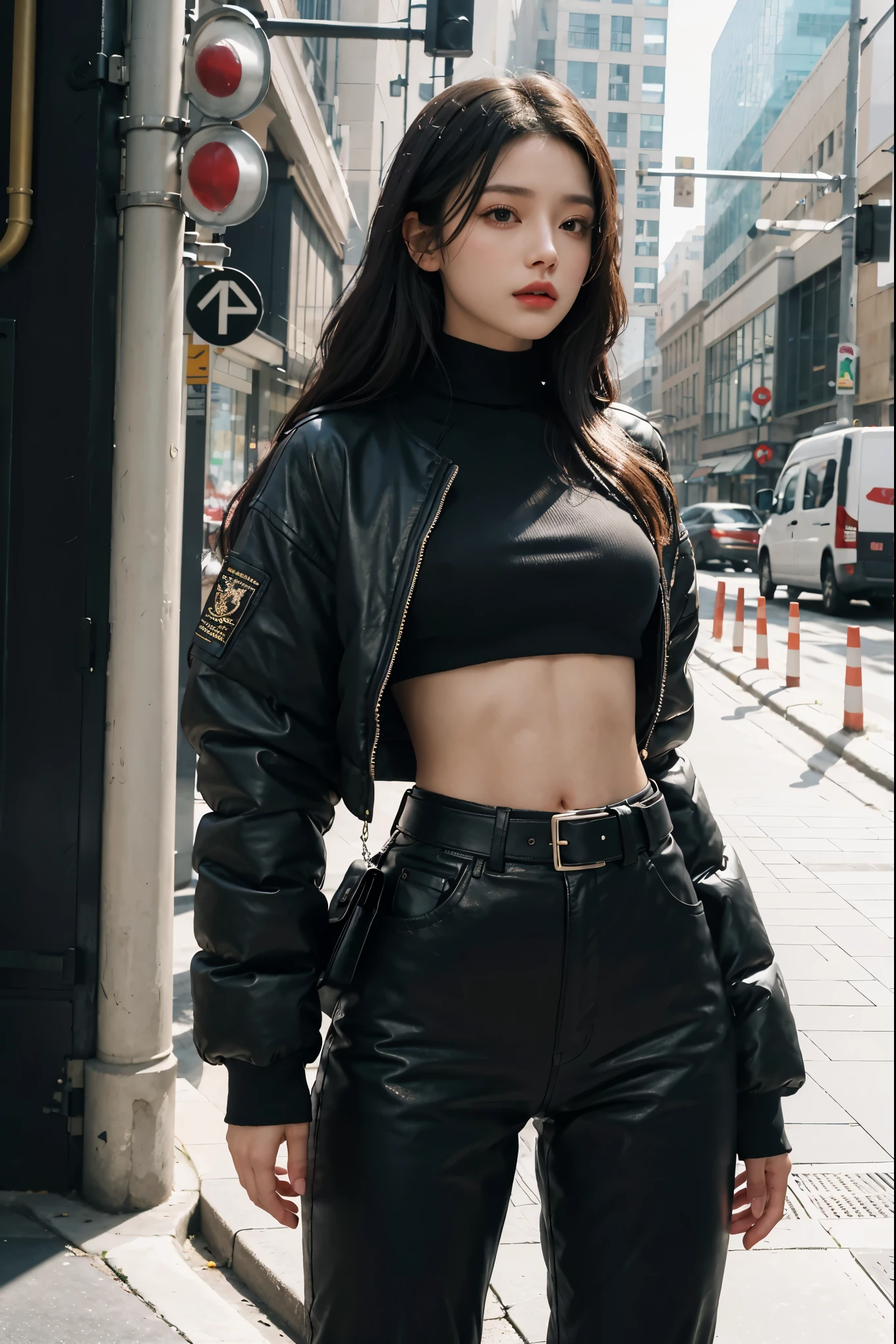 A girl, winter，City Streets，crop top down jacket, ，midriff，Low-rise pants, Leather belt, Upper body capture, The abdomen is completely bare, Large scale navel exposure，Detailed facial features, beautiful eyes, Lips, and long eyelashes, Reality, 8K, Very detailed, Vibrant colors, work, Anatomically correct