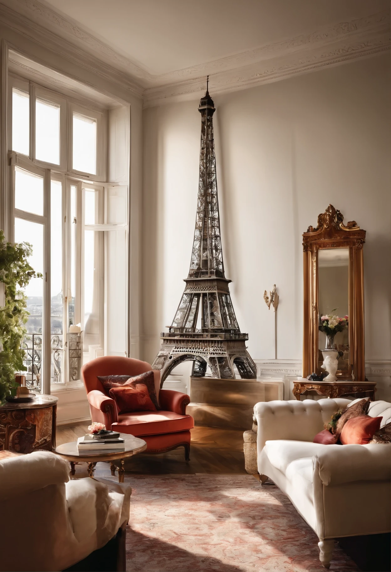 French style，Luxurious living room with a view of the Eiffel Tower、White wall、Simple furniture