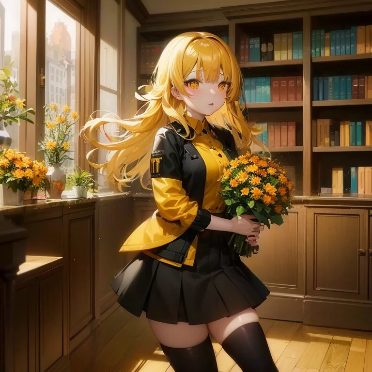 Anime girl with long blonde hair and black and yellow dress with flowers, hanayamata, Beautiful sunflower anime girl, Fine details. girls' frontline, from girls frontline, girls frontline style, girls frontline cg, Rin, Anime visuals of cute girls, marisa kirisame, marin kitagawa fanart, girls frontline universe, blonde anime girl with long hair, Anime Best Girl