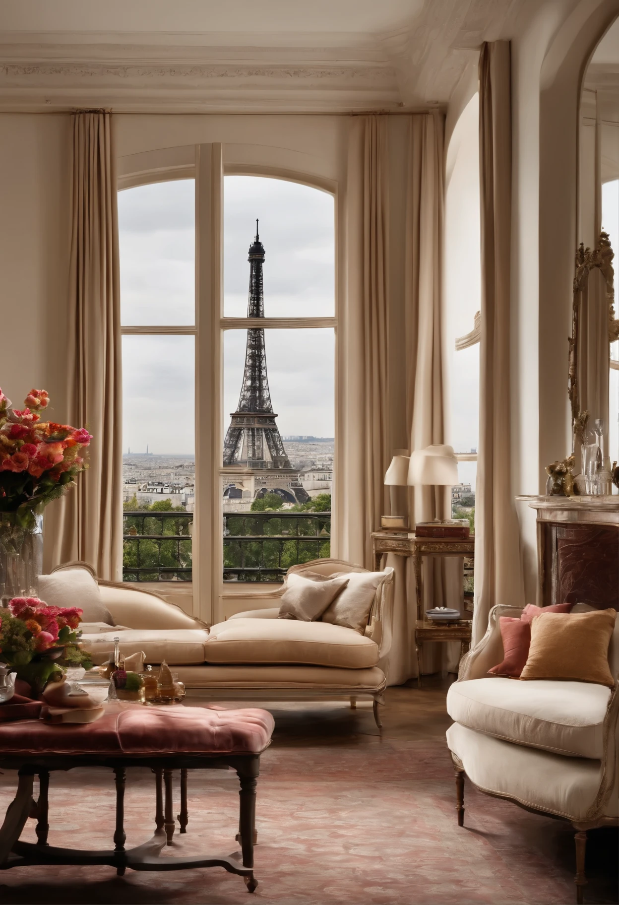 French style,Luxurious living room with a view of the Eiffel Tower、White wall、Simple furniture