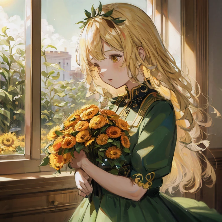 Anime girl with long blonde hair holding bouquet of flowers, Beautiful sunflower anime girl, with flowers, blonde anime girl with long hair, Golden flowers, blonde - haired princess, Yellow flowers bloom around it, Flowers and gold, Gold and green, marin kitagawa fanart, high quality portrait, Beautiful Anime Portrait, green and gold,  in dress, 