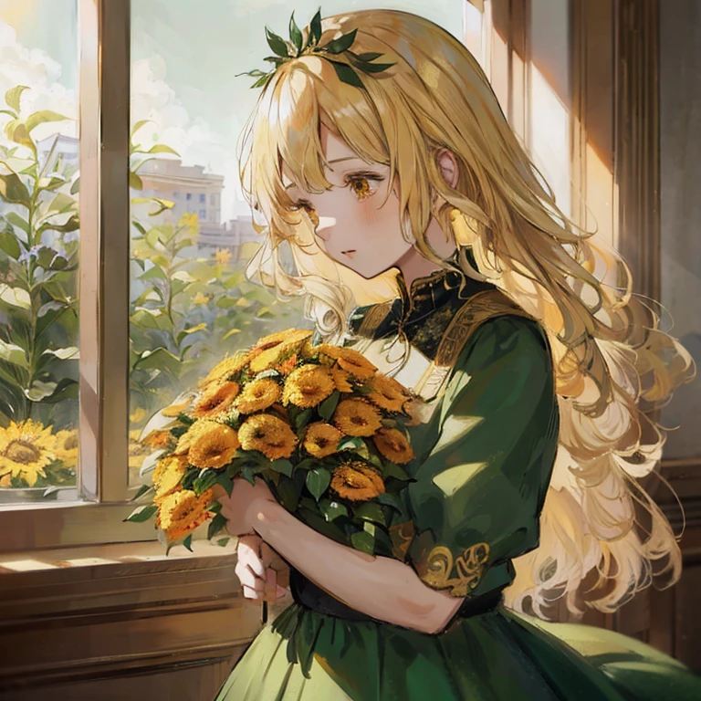 Anime girl with long blonde hair holding bouquet of flowers, Beautiful sunflower anime girl, with flowers, blonde anime girl with long hair, Golden flowers, blonde - haired princess, Yellow flowers bloom around it, Flowers and gold, Gold and green, marin kitagawa fanart, high quality portrait, Beautiful Anime Portrait, green and gold,  in dress, 