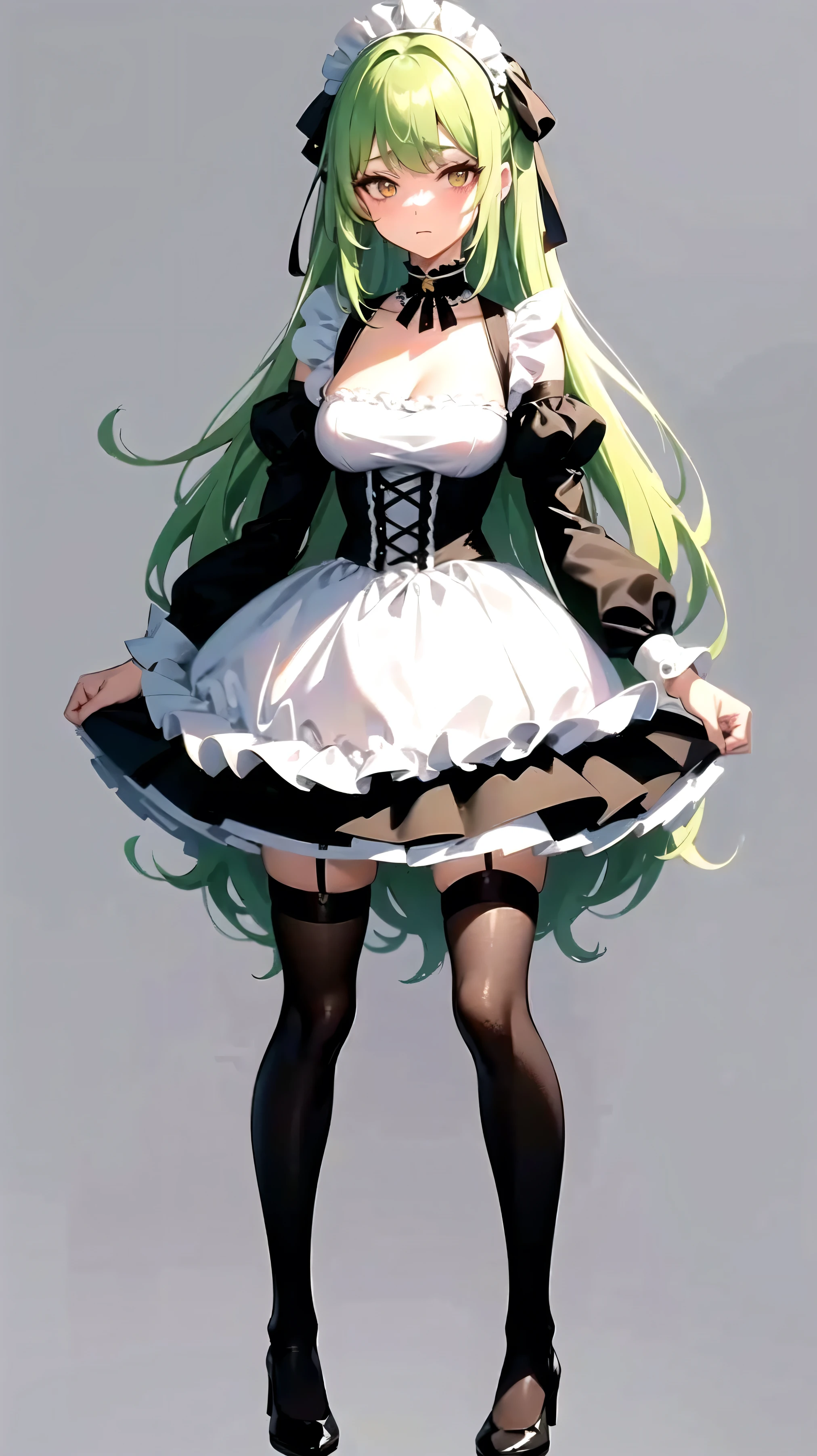 arafed image of a woman in a dress and stockings posing, anime girl in a maid costume, maid outfit, cute anime waifu in a nice dress, gorgeous maid, in dress, maid dress, anime cat girl in a maid costume, guweiz on pixiv artstation, digital art on pixiv, anime girl wearing a black dress, gold eyes