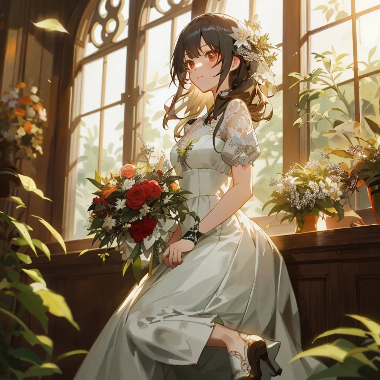 Anime girl in wedding dress sitting on window sill, guweiz,  in dress, guweiz on pixiv artstation, Cute anime waifu in a nice dress, Rin, with flowers, artwork in the style of guweiz, kawacy, guweiz on artstation pixiv, royal elegant pose, Beautiful maiden