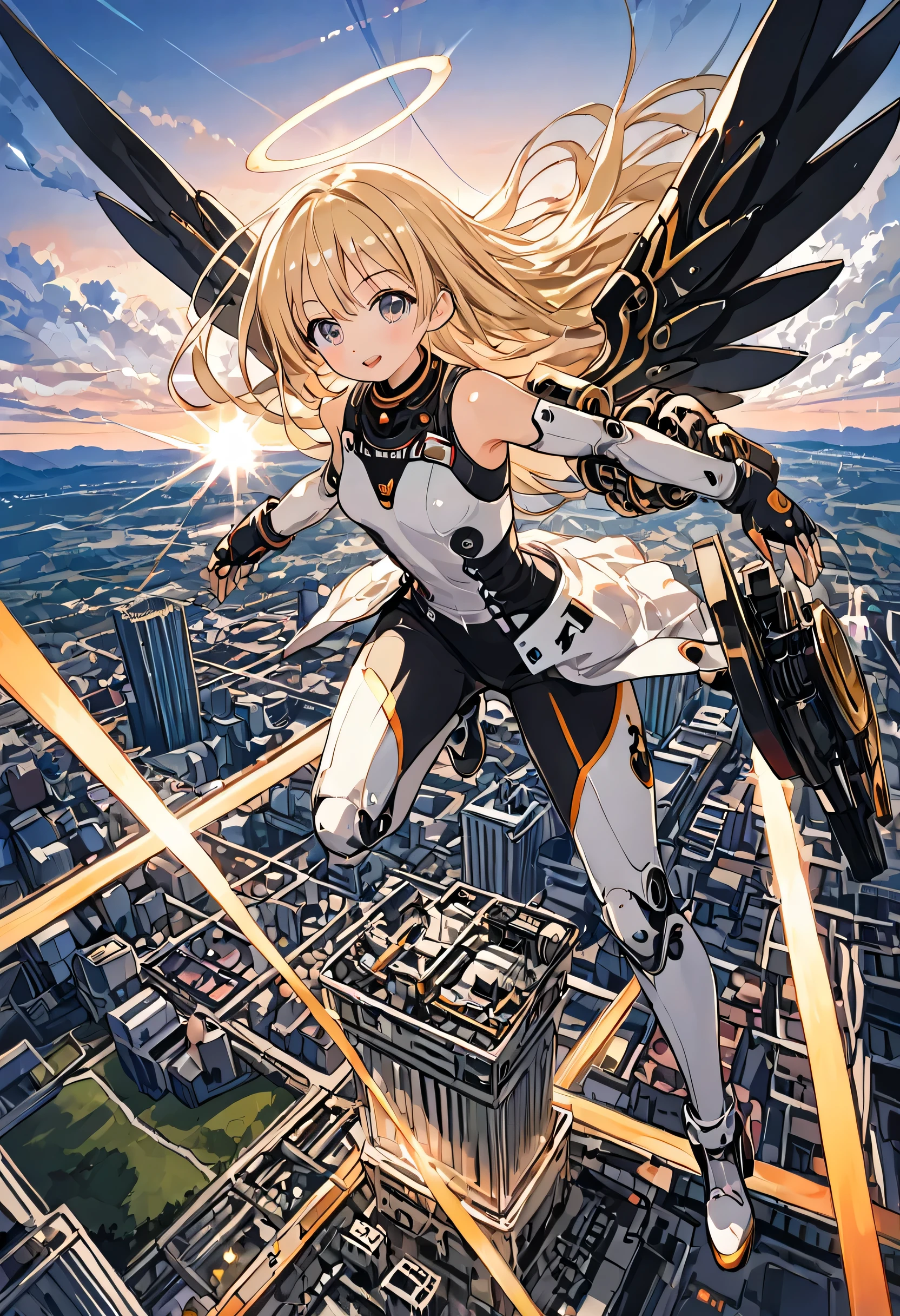 masterpiece, 8k, Girl, Small breasts, 12yo, Angel,Light&#39;s Wing, Sky, Light, god々Shii, Mabushii, Blonde, Long Hair, shine, 逆Light, Flare, White suit, Bokeh, (Fantastic scenery), Powerful heavy weapons, cyber punk, Dynamic Angle, A lot of missiles, Weapons attached to limbs, Air Combat, in battle