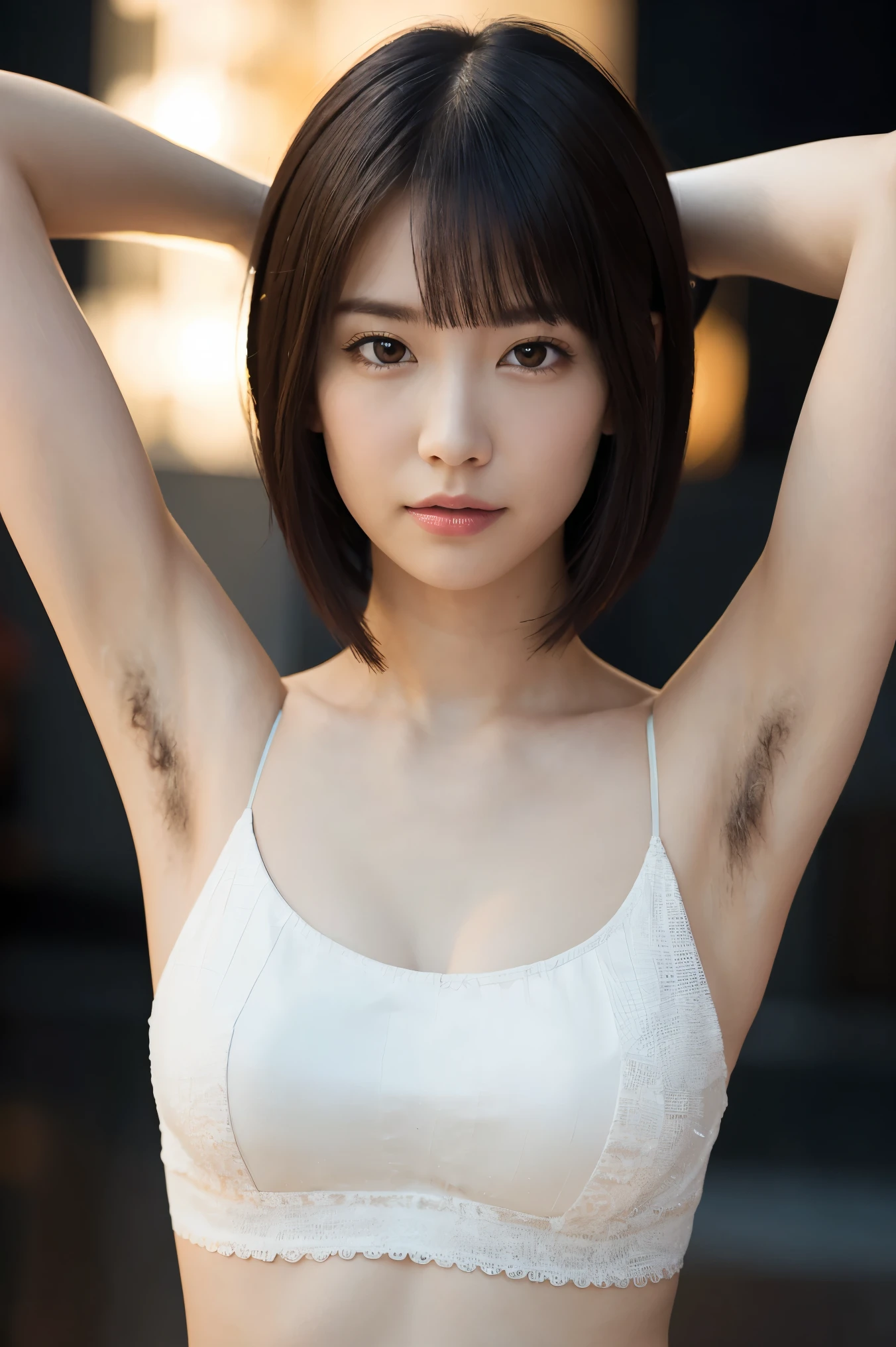 (Tabletop、highest quality、8k、Award-winning works、Ultra-high resolution)、One beautiful woman、(Sleeveless tops:1.1)、(Close-up of face:1.1)、(Show your armpits:1.2)、(Showing your armpits and exposing your armpit hair:1.2)、(Very thick and profuse armpit hair:1.2)、Glowing Beautiful Skin、Romantic and moody blurred background、Spectacular Cinema Lighting、(The most moody and romantic warm lighting:1.1)、Tyndall effect、(Accurate anatomy:1.1)、Ultra HD Hair、Ultra-high definition beauty face、Ultra HD Hair、Ultra-high definition sparkling eyes、輝くUltra-high resolutionの美肌、Ultra-high resolutionの艶やかな唇、Spectacular Cinema Lighting、(Short Bob Hair:1.1)