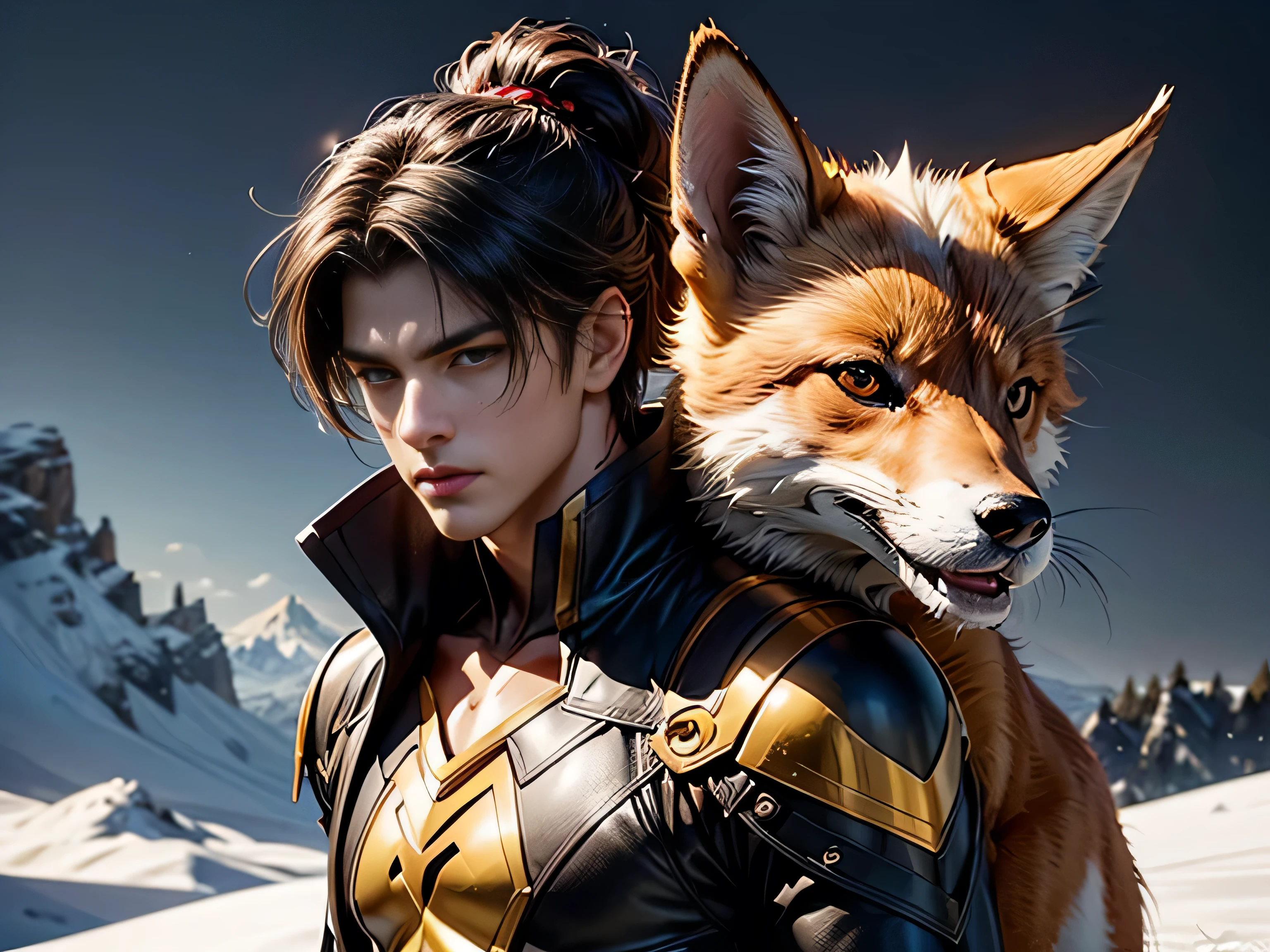 (Best Quality, 8K, Masterpiece, HDR, Soft Lighting, Picture Perfect, Realistic, Vivid), Black-haired guy with fox ears and baby fox animal lie on the snow, on the mountainside, Anime Illustrations, Beautiful Illustrations, Exquisite Digital Illustrations, Realistic digital anime, realistic digital anime art, (ultra high quality fantasy art), masterpiece, male model, ultra high quality male character designs, anime art with 8k development, realistic anime art, highest quality wallpaper illustrations, complex ultra high quality accurate male characters faces, high quality design and accurate physics (super-quality fantasy style)), art, dark fantasy)) Style), masterpieces, super-quality characters, anime resolution - 8K, realistic anime art, wallpapers with the highest quality illustrations, ultra-high detail of faces, high-quality design and physics accuracy), color, depth of field, shadows, ray tracing, production of high-quality computer wallpapers and 8K resolution, (Accurate simulation of the interaction of light and materials)], [High-quality detailed hair [More about beautiful and shiny red hair]], (Beautifully detailed hands [perfect fingers [Perfect nails]], (perfect anatomy (perfect proportions)))) [[Full length]], [Perfect color combination (Accurate imitation of the interaction of light and material)], [art that conveys the meaning of the story ]