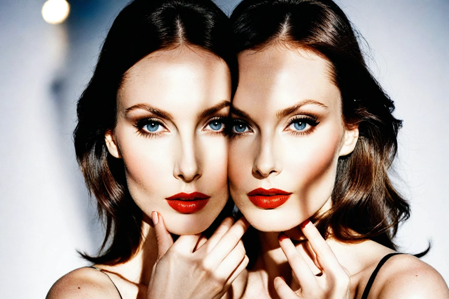 Sophie Ellis-Bextor's face is an oval shape, with the forehead, cheekbones, and jawline forming a harmonious arc. Her eyes are almond-shaped, slightly tilted upwards at the outer corners, and fringed with thick eyelashes that add depth to their shape. Her eyebrows are slender, almost imperceptible when relaxed, but can be dramatically arched when raised in surprise or amusement. Her nose is straight and proportional to her face, with nostrils that are moderately flared. The cheekbones are high and slightly prominent, giving definition to the overall facial structure. The cheeks themselves are smooth and even, with a subtle radiance suggesting good skin health. The lips are full and heart-shaped, with a slight upwards curve at the cupid's bow. When relaxed, they form a gentle O shape, but can be pursed or puckered when expressing emotion. Her jawline is strong and defined, tapering slightly as it approaches the chin, which is rounded and proportionate to her overall facial structure.
