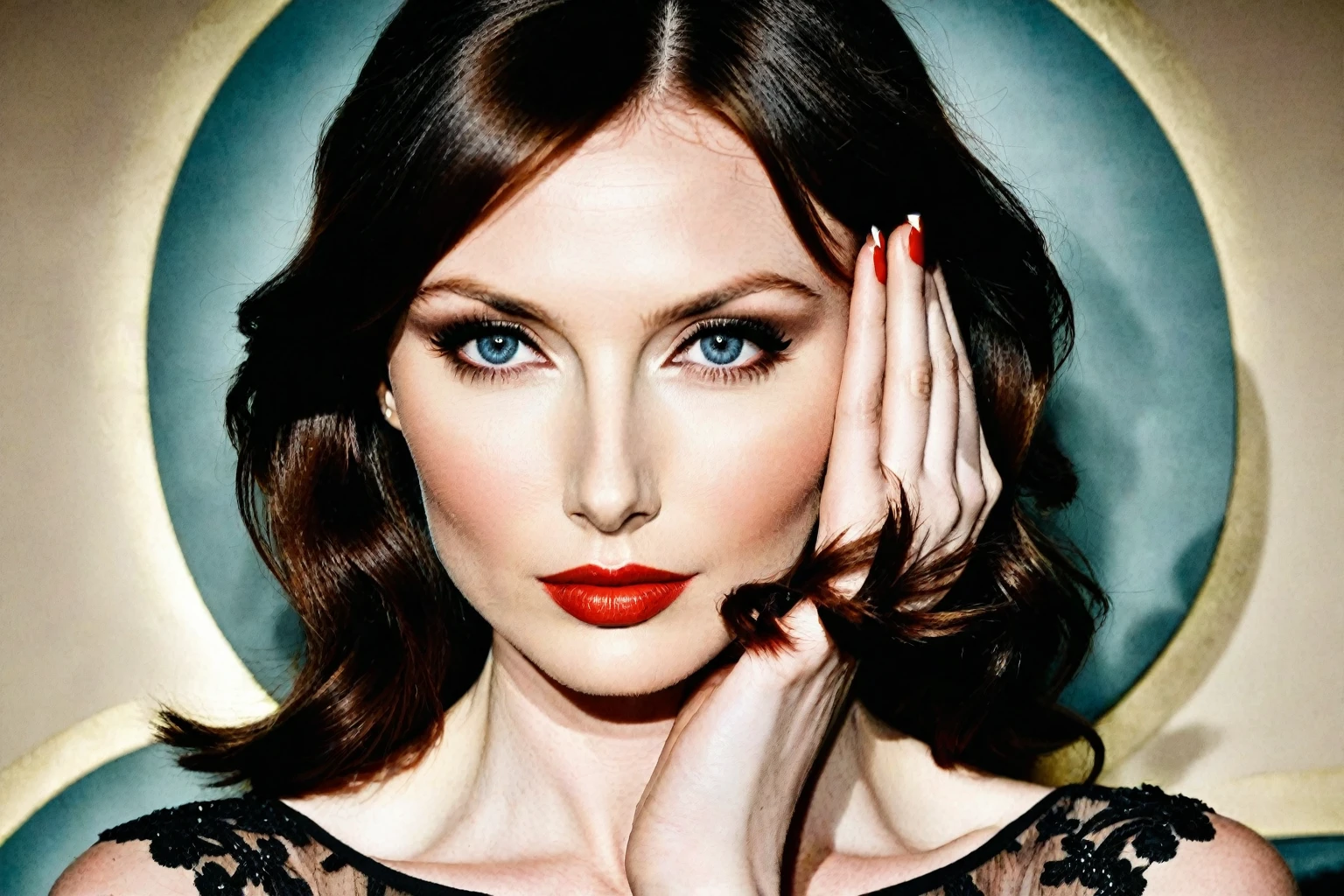 Sophie Ellis-Bextor's face is an oval shape, with the forehead, cheekbones, and jawline forming a harmonious arc. Her eyes are almond-shaped, slightly tilted upwards at the outer corners, and fringed with thick eyelashes that add depth to their shape. Her eyebrows are slender, almost imperceptible when relaxed, but can be dramatically arched when raised in surprise or amusement. Her nose is straight and proportional to her face, with nostrils that are moderately flared. The cheekbones are high and slightly prominent, giving definition to the overall facial structure. The cheeks themselves are smooth and even, with a subtle radiance suggesting good skin health. The lips are full and heart-shaped, with a slight upwards curve at the cupid's bow. When relaxed, they form a gentle O shape, but can be pursed or puckered when expressing emotion. Her jawline is strong and defined, tapering slightly as it approaches the chin, which is rounded and proportionate to her overall facial structure.