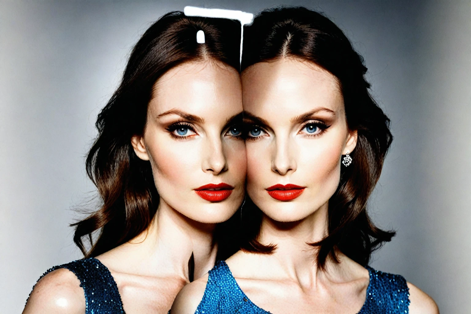 Sophie Ellis-Bextor's face is an oval shape, with the forehead, cheekbones, and jawline forming a harmonious arc. Her eyes are almond-shaped, slightly tilted upwards at the outer corners, and fringed with thick eyelashes that add depth to their shape. Her eyebrows are slender, almost imperceptible when relaxed, but can be dramatically arched when raised in surprise or amusement. Her nose is straight and proportional to her face, with nostrils that are moderately flared. The cheekbones are high and slightly prominent, giving definition to the overall facial structure. The cheeks themselves are smooth and even, with a subtle radiance suggesting good skin health. The lips are full and heart-shaped, with a slight upwards curve at the cupid's bow. When relaxed, they form a gentle O shape, but can be pursed or puckered when expressing emotion. Her jawline is strong and defined, tapering slightly as it approaches the chin, which is rounded and proportionate to her overall facial structure.