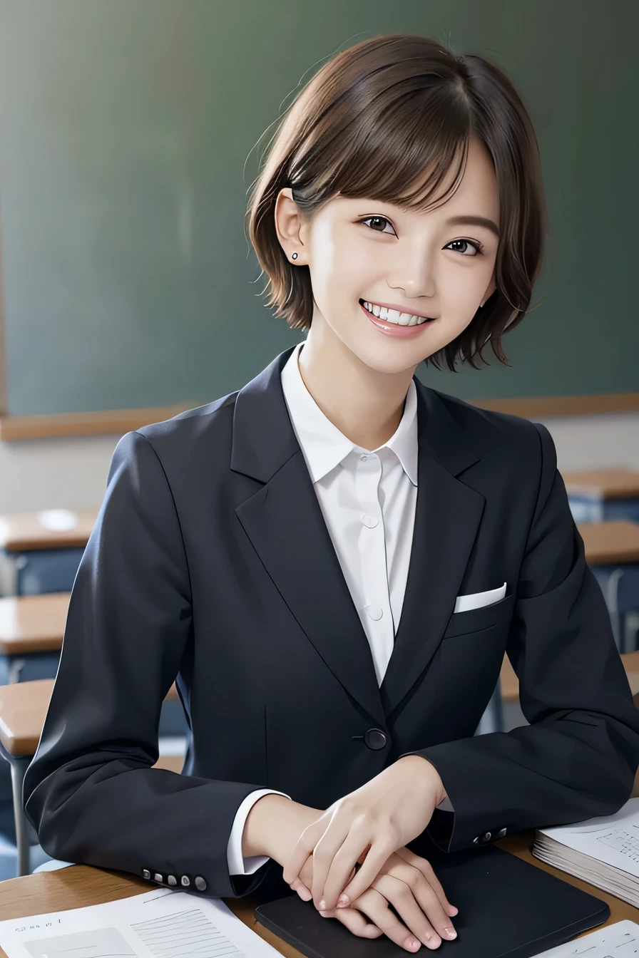 205 ((short hair)), 17Old woman, College uniforms、Blazer uniform、smile、Beautiful teeth alignment、Black Hair、ear piercing、Looking into the camera, The background is the classroom