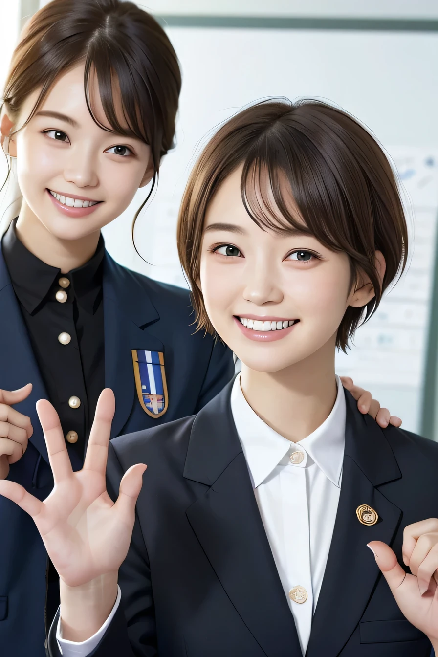 205 ((short hair)), １７Old woman, College uniforms、Blazer uniform、smile、Beautiful teeth alignment、Black Hair、ear piercing、Looking into the camera, The background is the classroom