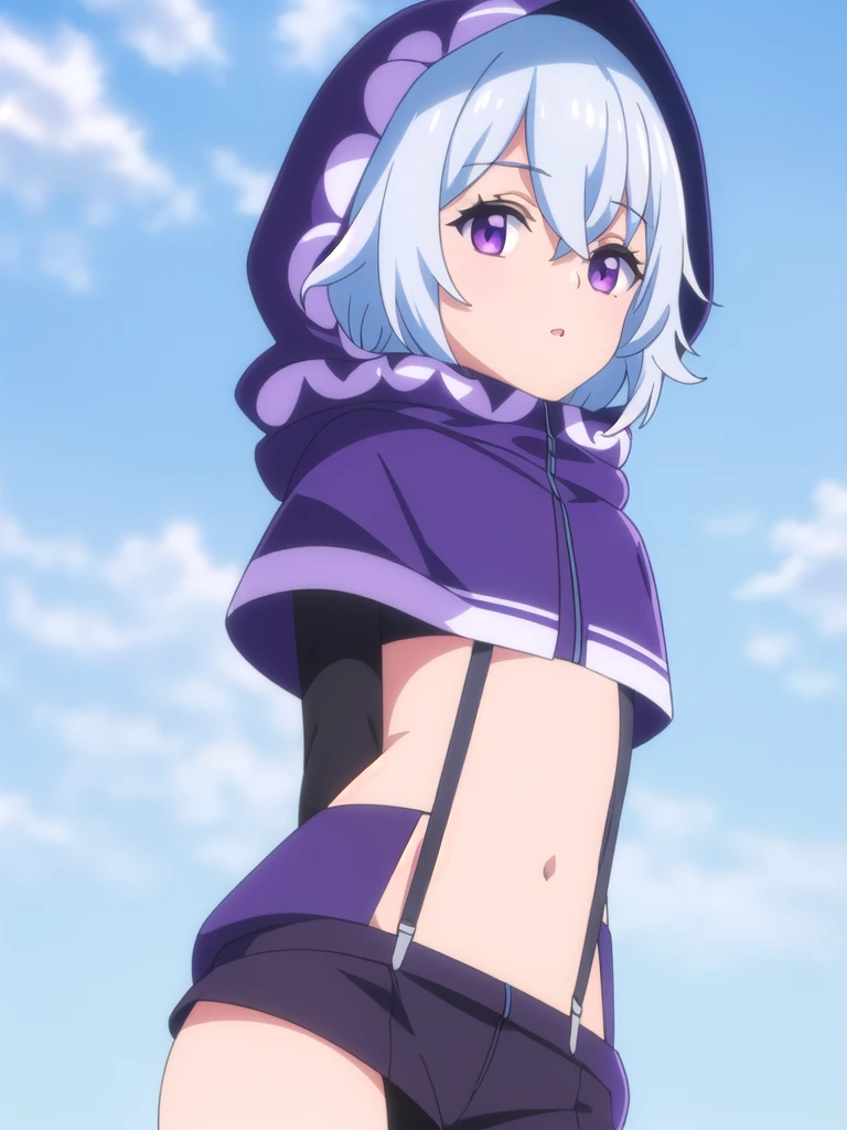 (((Best quality))),((Ultra-detailed)),((illustration)),((Disheveled hair)),((frilld)),(1 girl), 1girl,ahoge,animal hood,blue background,blue sky,cloud,day,eyebrows visible through hair,hair between eyes,hood,hood up,hooded cloak,hoodie,looking at viewer,midriff,navel,outdoors,purple eyes,short hair,skirt,sky,solo,suspenders,white hair,