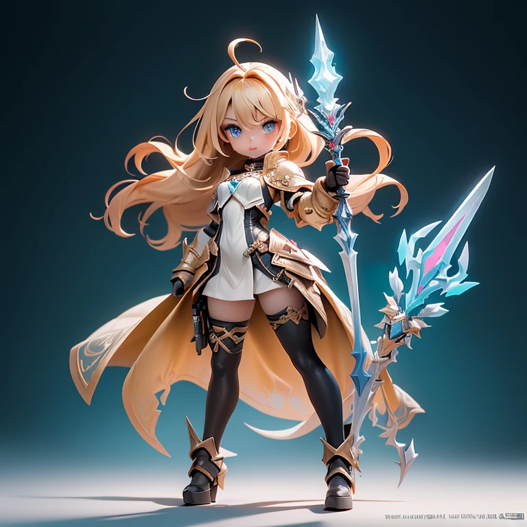 Design a layout showcase Gaming character, (1girl). Golden+Purle clothes, stylish and unique, ((showcase weapon:1.4)), magic staff, (masterpiece:1.2), (best quality), 4k, ultra-detailed, (Step by step design, layout art:1.5), (luminous lighting, atmospheric lighting), magican, ((glove full hands)), (((revealing clothes:1.3))), vambraces, armored legwear, (((full_body_shot:1.4)))
