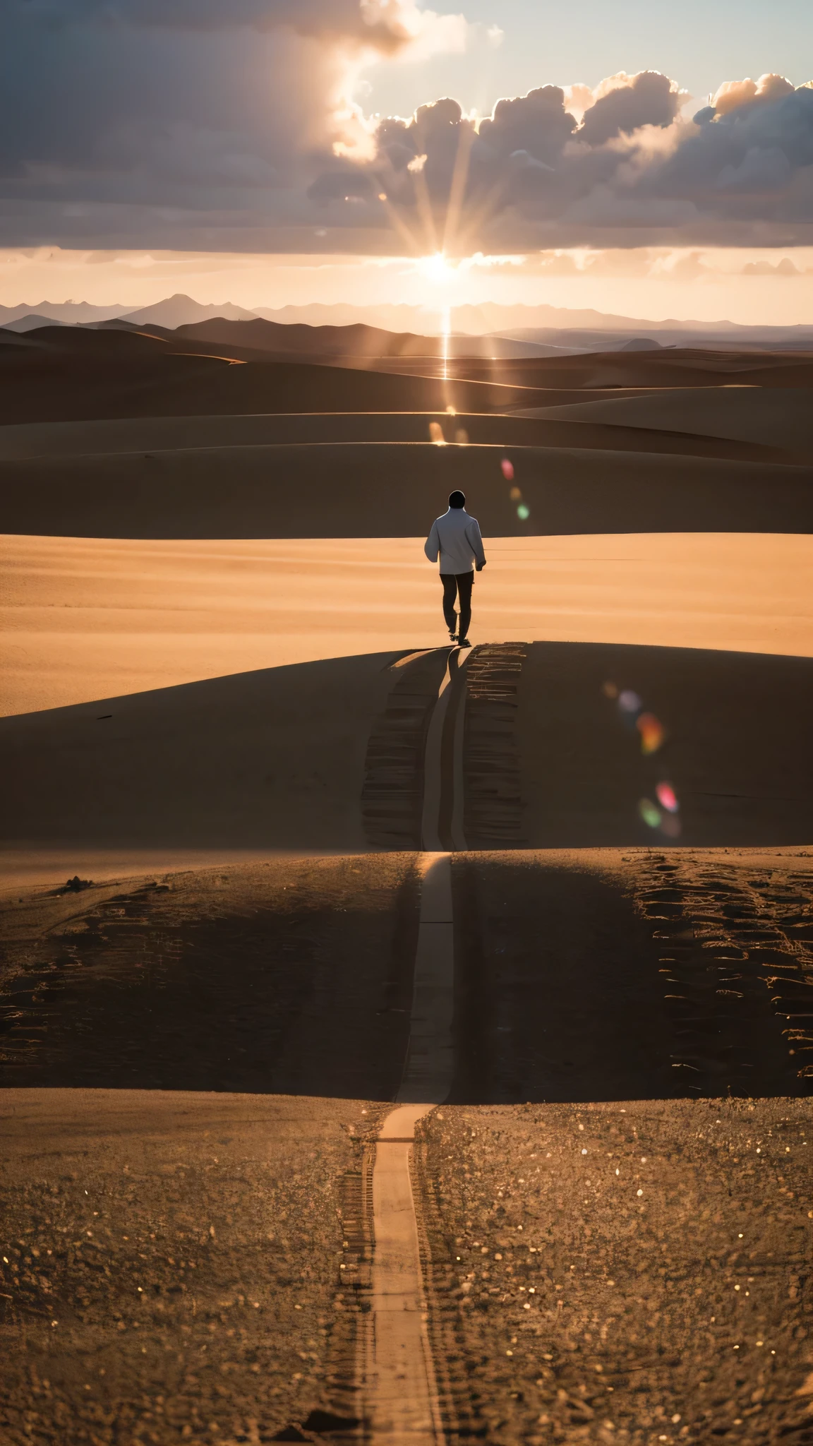 A man walks confidently towards the horizon, Empty the miles, Emitting warm light. Vast landscape, Symbolizes endless possibilities and future journeys