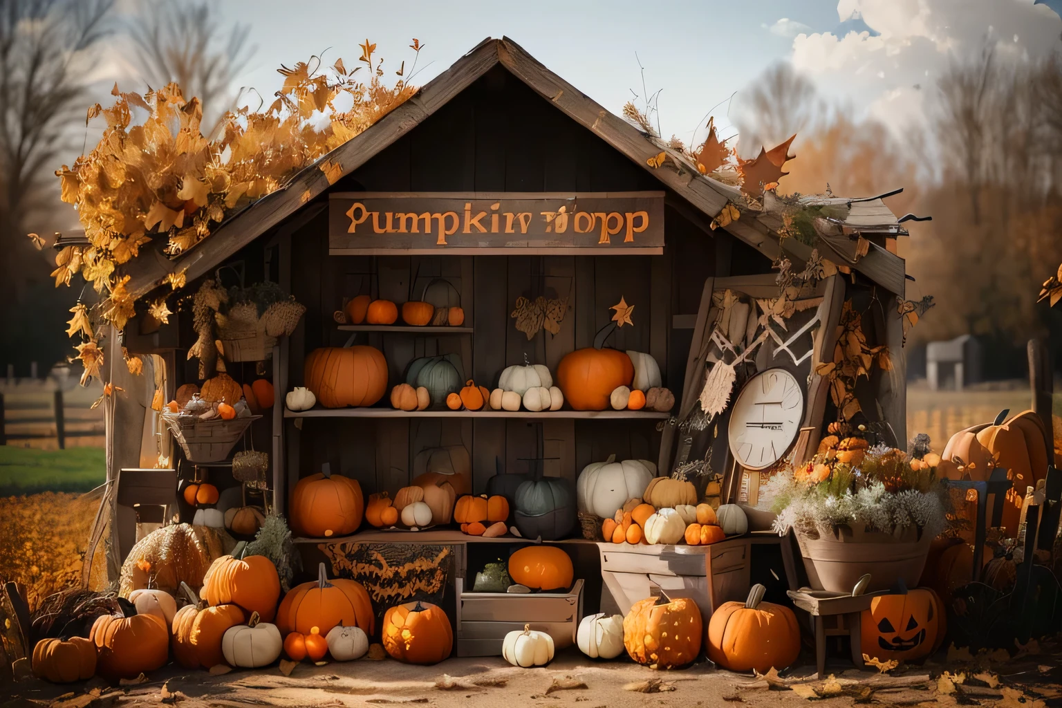 there is a small wooden stand with pumpkins and other decorations, pumpkin farm background, pumpkin patch, pumpkin, shutter, pumpkins, halloween atmosphere, Stock picture, Golden Autumn Season, autumn, 🍂 Lovely, 8K)), Edited, halloween scene, picture, Best selection on Adobe Stock, 🦩🪐🐞👩🏻🦳, Astonishing