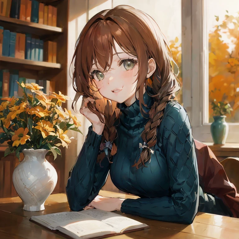 Anime girl sitting at table with book and vase, Beautiful Anime Portrait, Portrait of an anime girl, Beautiful anime girl, Portrait Anime Girl, Anime visuals of cute girls, digital anime illustration, anime style 4 k, portrait of cute anime girlbabes, charming anime girls, pretty anime girl, high quality portrait, realistic anime art style, Cute anime girl