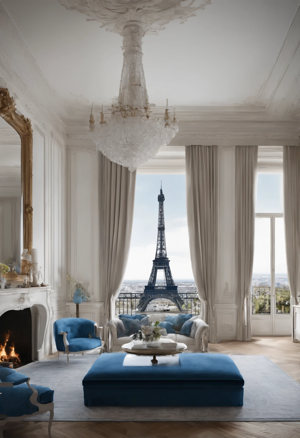 French style,Luxurious living room with Eiffel Tower view、White wall、Simple furniture、White and blue furniture