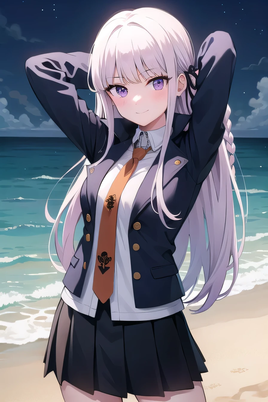 masterpiece, best quality, Kyoko, purple eyes, purple hair, long hair, braid, black gloves, purple jacket, purple skirt, brown necktie, white shirt, 1girl, closed mouth, solo, cowboy shot, night sky, beach, arms behind head, contrapposto, spread armpits, looking at viewer, best quality, smile, portrait,