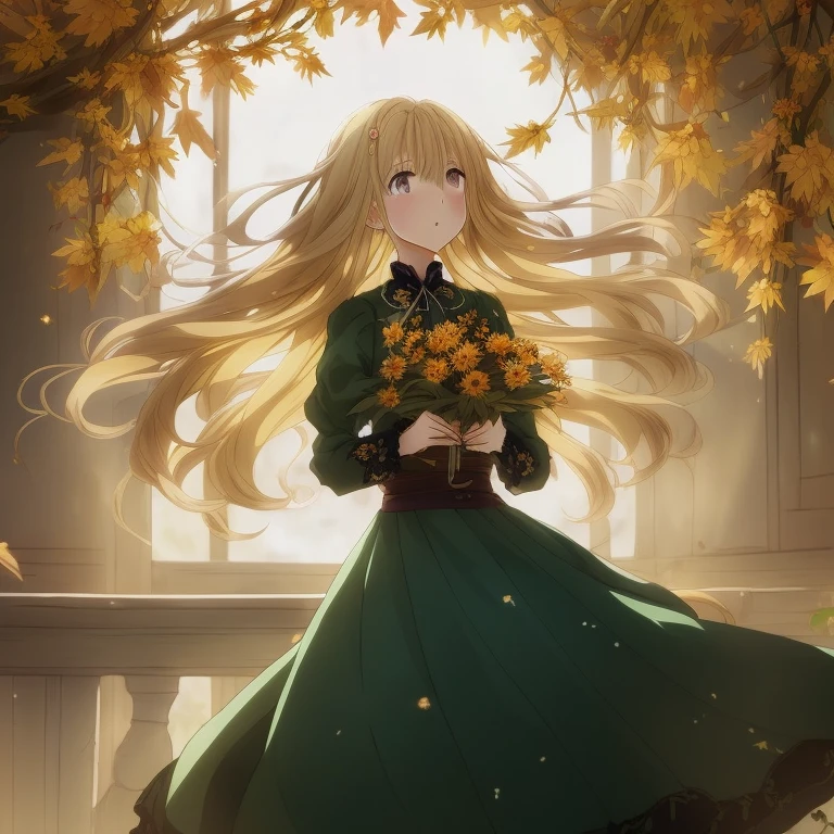 Anime girl with long blonde hair and green dress, Beautiful sunflower anime girl, blonde anime girl with long hair,  in dress, Anime Girl with Long Hair, Violet Evergarden, blonde - haired princess, during autumn, inspired by Li Chevalier, with flowers, in autumn, in autumn, Anime visuals of cute girls, 🍁 Cute