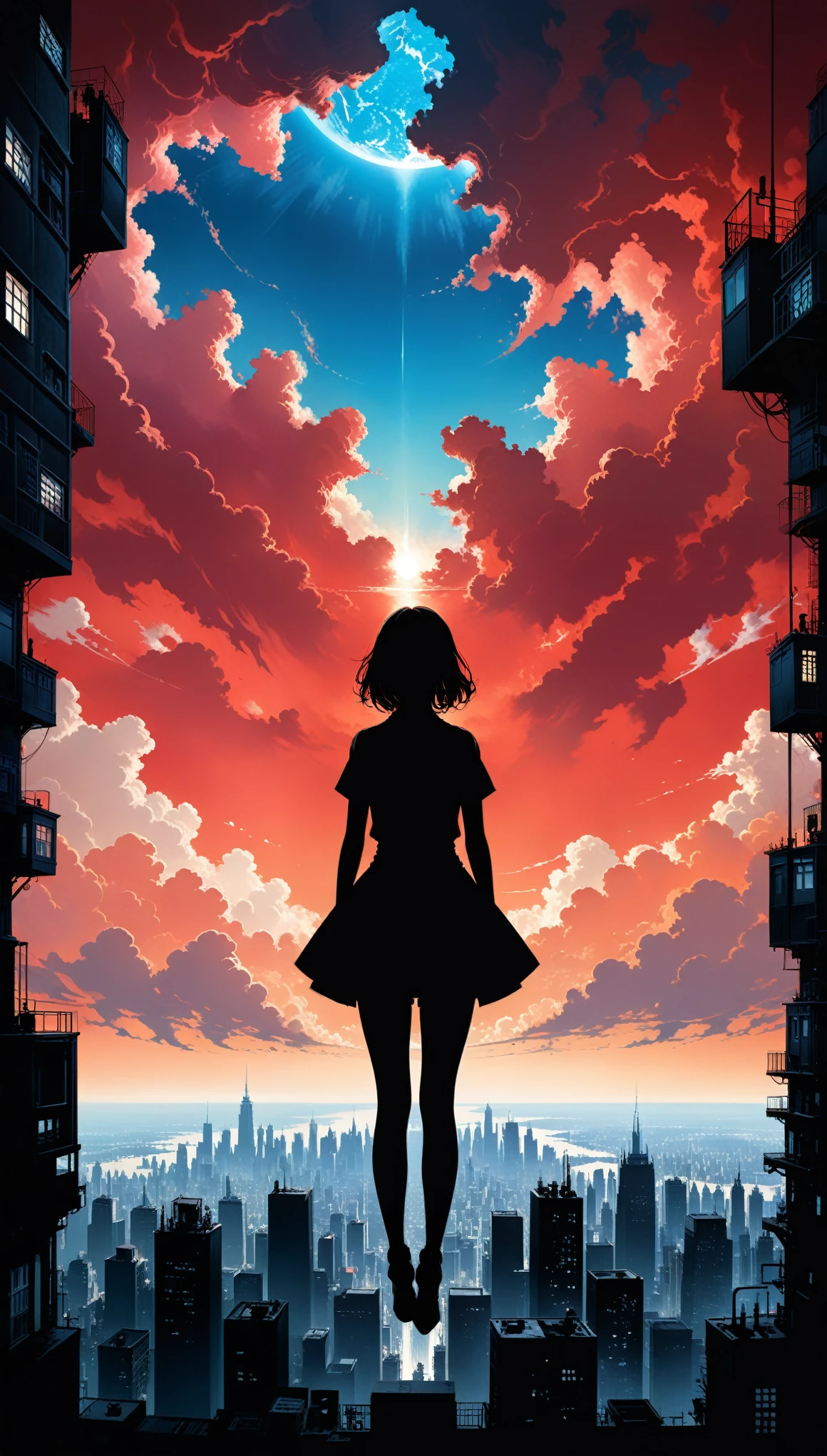 A woman standing on a ledge in the middle of a city - SeaArt AI