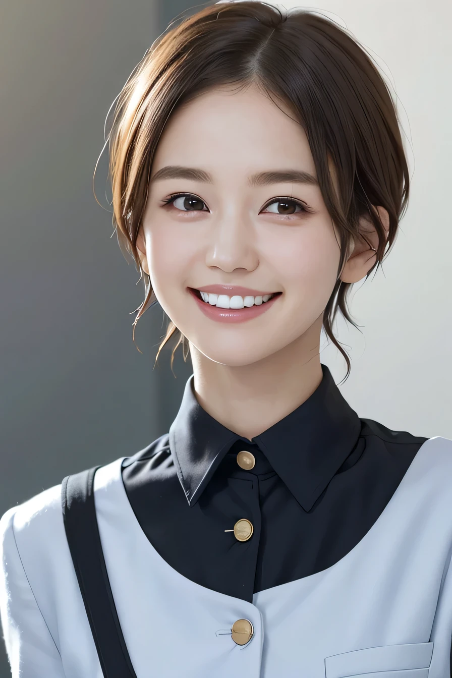 205 ((short hair)), 17Old woman, College uniforms、Blazer uniform、smile、Beautiful teeth alignment、Black Hair、ear piercing、Looking into the camera, The background is the classroom