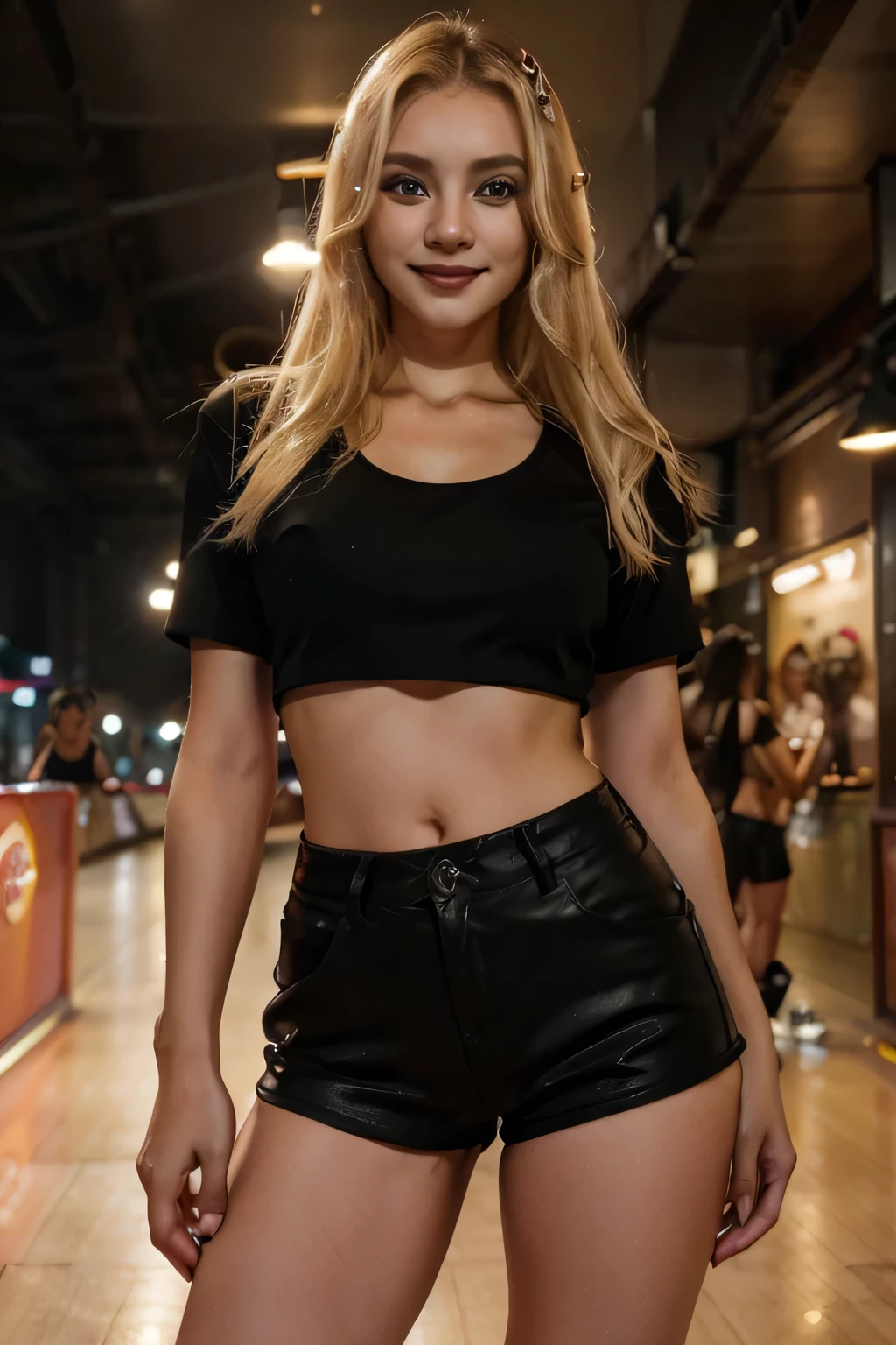 woman with long blonde hair, hazel eyes, snub nose, white skin, wide legs, perfect waist, medium breasts, smiling, wearing a black top and black shorts, skating at roller skate, photo made by smartphone, bokeh, hyper realistic photography full body photography.