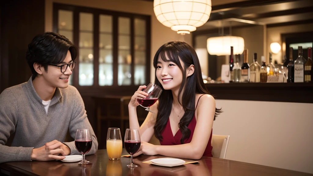 (masterpiece:1.2), high quality, High resolution, High-definition images like those taken with a high-end camera、Two people, male and female、sitting next to each other in chairs、(There is food on the table)、The man is a 24-year-old Japanese man.、Cut your hair short、Wearing glasses、Looks quiet、Black Hair、Curly hair、Holding a wine glass with red wine、The woman is an 18-year-old Japanese woman.、A lovely smile while drinking、Holding a cocktail glass filled with a cocktail、The location is a dimly lit bar
