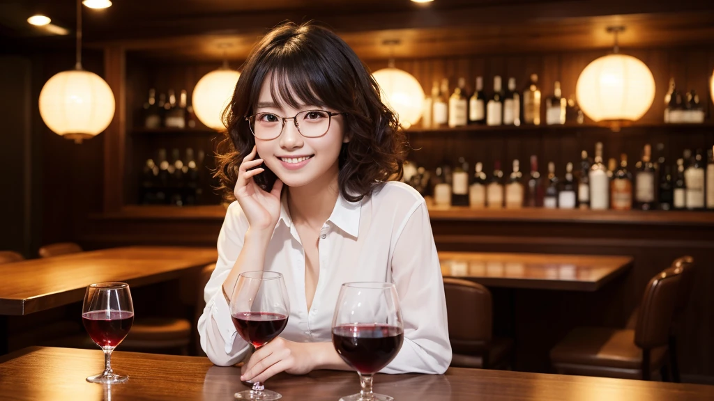 (masterpiece:1.2), high quality, High resolution, High-definition images like those taken with a high-end camera、Two people, male and female、sitting next to each other in chairs、(There is food on the table)、The man is a 24-year-old Japanese man.、Cut your hair short、Wearing glasses、Looks quiet、Black Hair、Curly hair、Holding a wine glass with red wine、The woman is an 18-year-old Japanese woman.、A lovely smile while drinking、Holding a cocktail glass filled with a cocktail、The location is a dimly lit bar