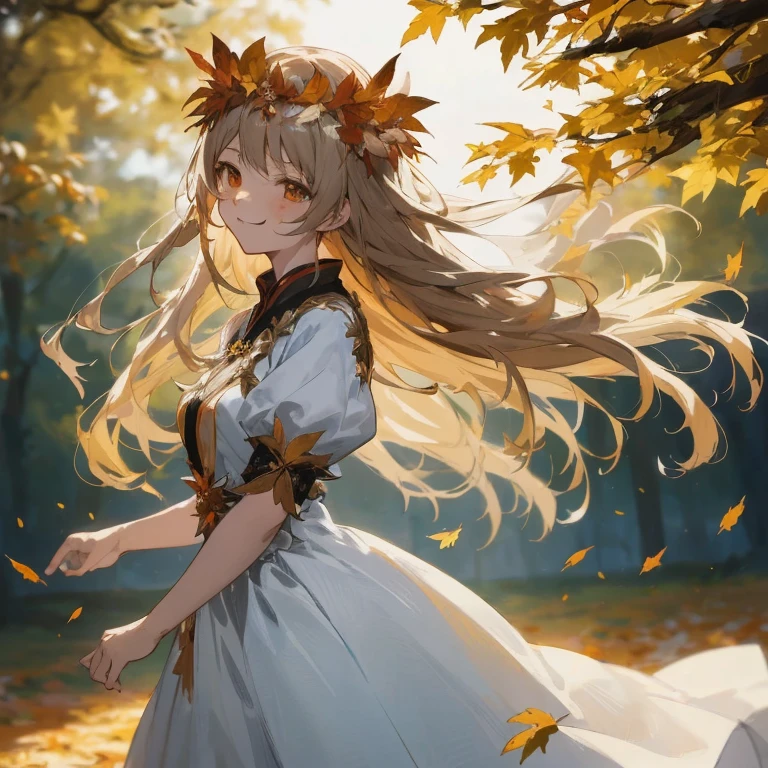 Anime girl in white dress with a crown of flowers, Goddess of Autumn, Beautiful Autumn Spirits, Empress of autumn, Autumn winds, guweiz on pixiv artstation, Beautiful maiden, Leaf dress, in autumn, Beautiful anime girl, anime goddess, Cute anime waifu in a nice dress, The wind blows the leaves, guweiz on artstation pixiv