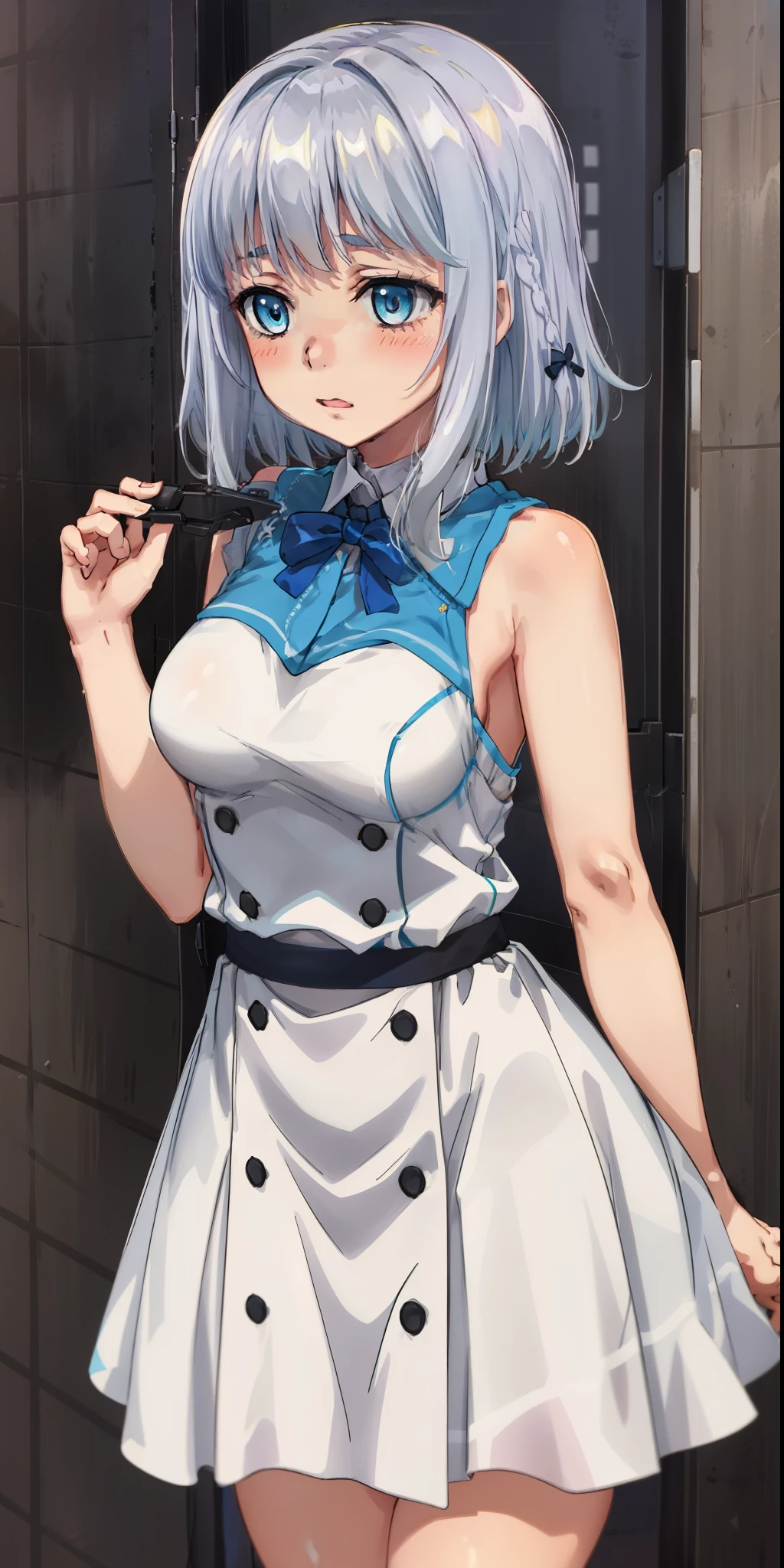 1 girl, kanon kanase,  blush, medium breasts, sleeveless,((cowboy_shot, random dress)),  30-year-old, healthy skin, silver hair. 