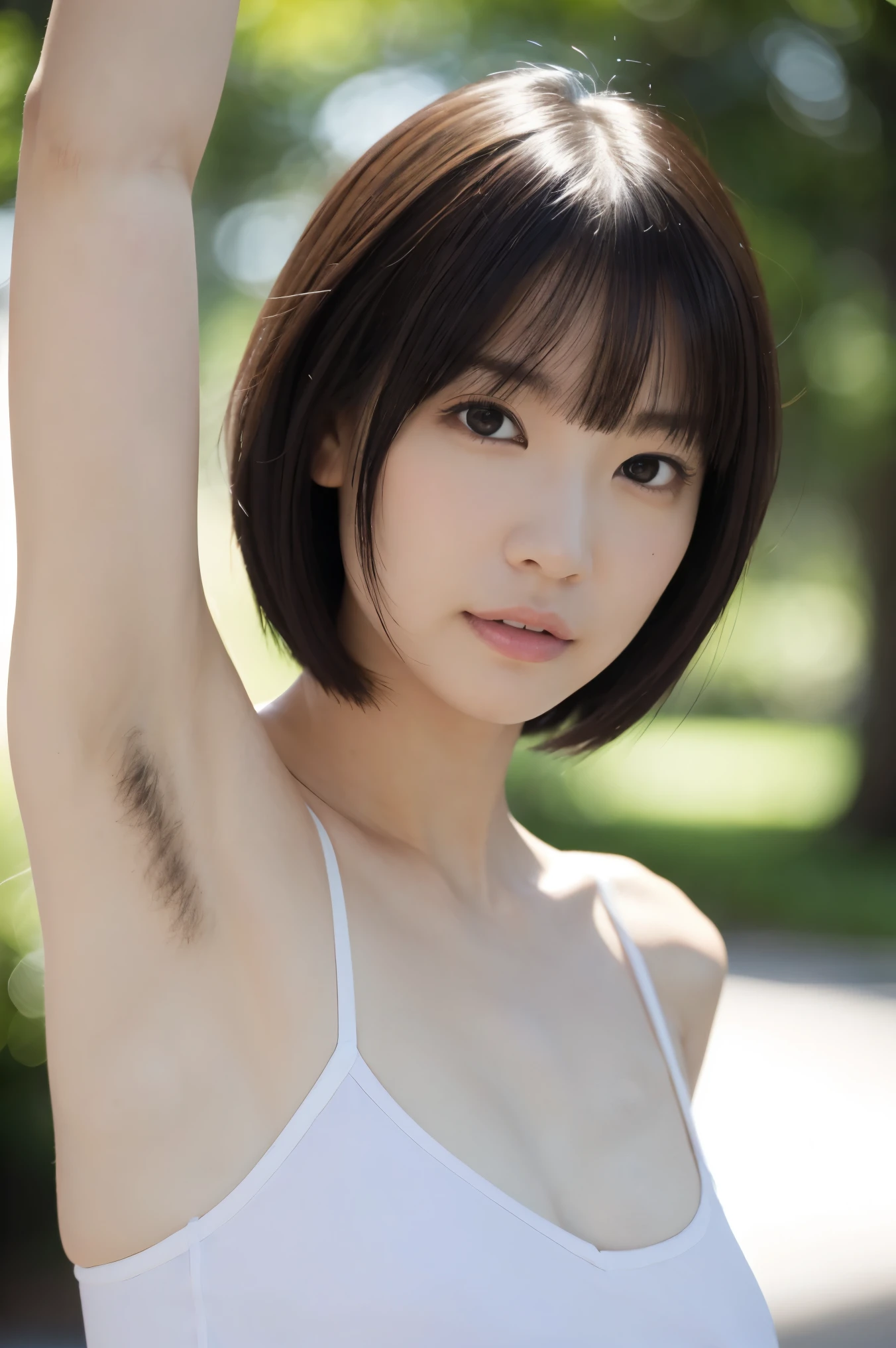 (Tabletop、highest quality、8k、Award-winning works、Ultra-high resolution)、One beautiful woman、(Sleeveless shirt:1.2)、Exactly、(Bare arms:1.2)、(Show your armpits:1.1)、(Very thick exposure, Bristle armpit hair:1.3)、(Short Bob Hair:1.1)、(Very bright and beautiful skin:1.1)、(Attractive body:1.1)、(Large Breasts:1.1)、(Accentuate your body lines:1.1)、(The saddest look stares at me:1.1)、wood々Beautiful sunlight shining through the gaps、Spectacular Cinema Lighting、(Strongly blurred background of a large park:1.1)、(Accurate anatomy:1.1)、Ultra HD Hair、Ultra-high resolutionの完璧な美しい歯、Ultra-high definition beauty face、Ultra HD Hair、Ultra-high definition sparkling eyes、輝くUltra-high resolutionの美肌、Ultra-high resolutionの艶やかな唇、Spectacular Cinema Lighting