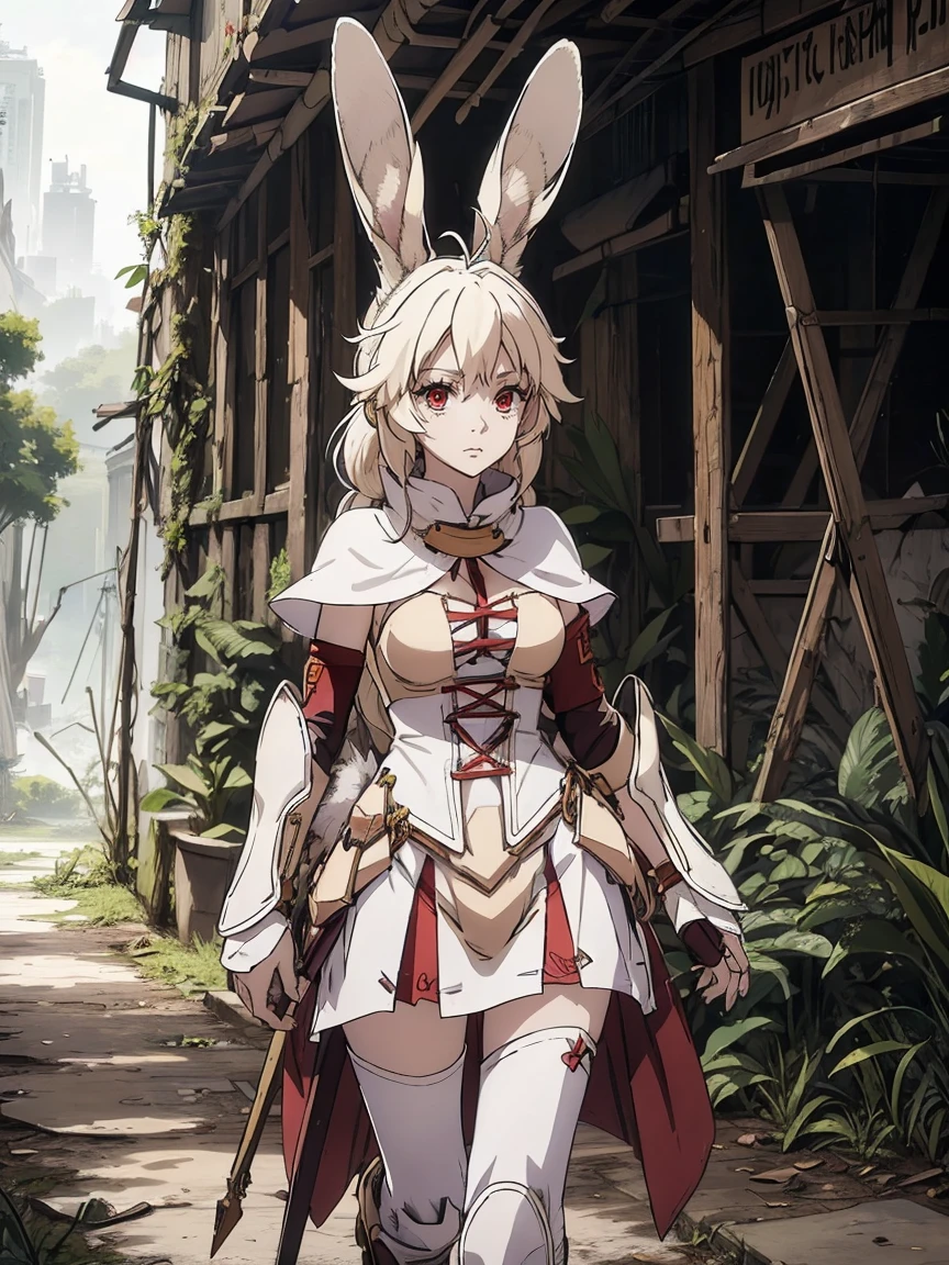 a rabbit girl walking in ruin, (rabbit girl)(best quality,high resolution, masterpiece:1.2), female focus, (one girl:1.5), (free hands), beautiful eyes, (white hair:1), detailed eyes, (rabbit ears), (red eyes:1.2), white cloak, curious expression, fleshy lips, hair ornament, leather armor, Clothes made of tanned leather, detached sleeves, wrist guard, white thighhighs, shin guards, perfect quality, good quality, masterpiece, (arms crossed1.2), looking at the viewer, Prepare-se para mergulhar em um mundo onde a beleza e o artesanato se fundem perfeitamente, anatomically correct. ultra nitidez