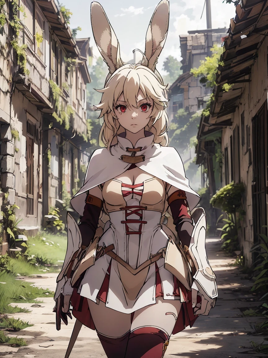 a rabbit girl runnin in the ruins, (rabbit girl)(best quality,high resolution, masterpiece:1.2), female focus, (one girl:1.5), (free hands), beautiful eyes, (white hair:1), detailed eyes, (rabbit ears), (red eyes:1.2), white cloak, curious, fleshy lips, hair ornament, leather armor, Clothes made of tanned leather, detached sleeves, wrist guard, white thighhighs, shin guards, perfect quality, good quality, masterpiece, (arms crossed1.2), Prepare-se para mergulhar em um mundo onde a beleza e o artesanato se fundem perfeitamente, anatomically correct. ultra nitidez