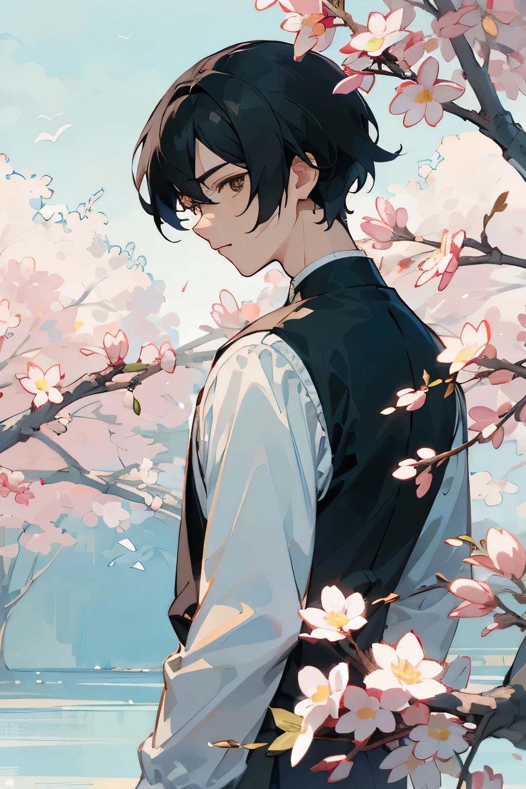 Anime-style illustrations、Short black hair、Brown eyes、Handsome Men、spring、Chill out