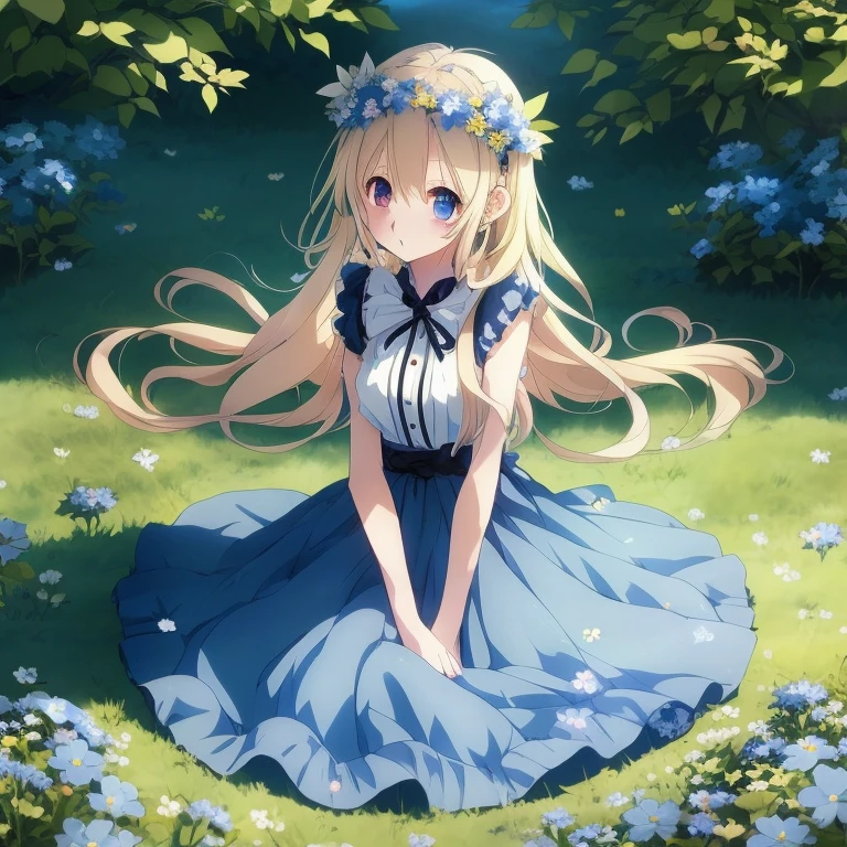 Anime girl sitting on the ground in blue dress with flowers in her hair, in dress, Beautiful anime girl, Cute anime waifu in a nice dress, blonde anime girl with long hair, pretty anime girl, Cute anime girl, Beautiful anime, Anime visuals of cute girls, Anime Girl with Long Hair, young anime girl, Beautiful Anime Portrait